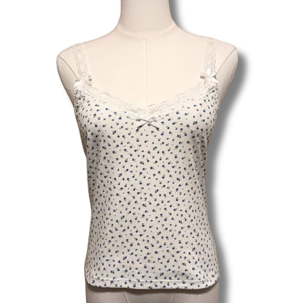 Just Polly New York Ditsy Floral Lace Trim Bow Tank – Size L – NWT